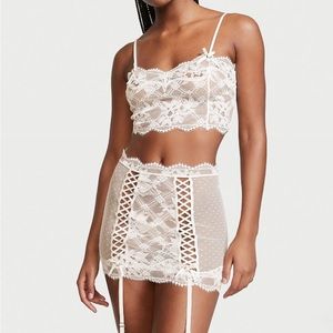 NWT 2 Pc Set Victoria’s Secret Lace Garter Skirt With Lace Crop Top Cami